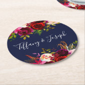 ネイビーブルグンディエレガントフローラ春庭園の結婚式 ラウンドペーパーコースター (アングル)