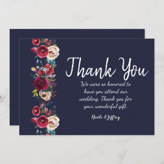 ネイビーブルグンディメロ結婚フローラサンキューカード サンキューカード (正面/裏面)