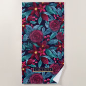 ネイビーブルゴーニクリスマスフローラウォーターカラーモノグラム ビーチタオル (正面)