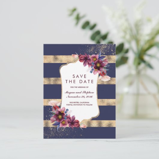 ネイビーブルゴーニュと金ゴールドフローラ保存日 案内ポストカード (スタンド正面)