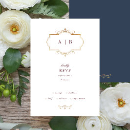 ネイビーブルゴーニュクラシック伝統的金ゴールドモノグラム 出欠カード