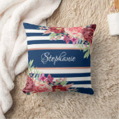 ネイビーブルゴーニュストライプフローラ名モノグラム クッション (ブランケット)