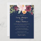 ネイビーブルゴーニュフローラグリッター結婚式招待状 招待状 (正面)