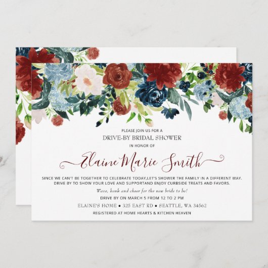 ネイビーブルゴーニュフローラドライブスルーブライダルシャワー 招待状 (正面/裏面)