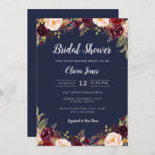 ネイビーブルゴーニュフローラブライダルシャワーカード 招待状 (正面/裏面)