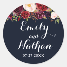 ネイビーブルゴーニュフローラ秋の結婚式シール ラウンドシール