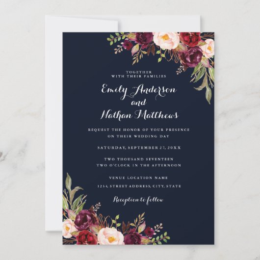 ネイビーブルゴーニュフローラ秋の結婚式招待状 招待状 (正面)