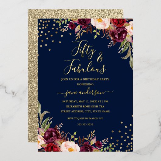 ネイビーブルゴーニュフローラ紙吹雪50と素晴らしい 箔招待状 (正面/裏面)