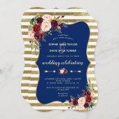 ネイビーブルゴーニュフローラ金ゴールドストライプグリッター結婚ズ 招待状 (正面/裏面)