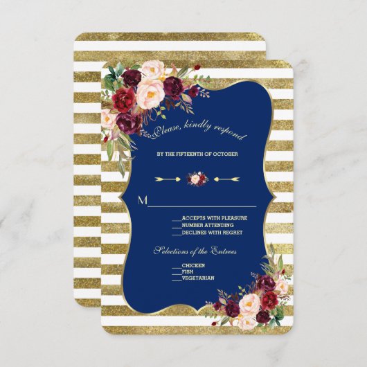 ネイビーブルゴーニュフローラ金ゴールドストライプグリッターRSVP 出欠カード (正面/裏面)