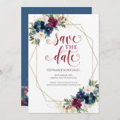 ネイビーブルゴーニュ水カラーフローラ保存日 セーブザデート (正面/裏面)