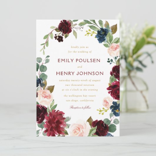 ネイビーブルゴーニュ水色結婚の花 招待状 (スタンド正面)