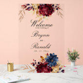 ネイビーブルゴーニュ秋の水彩フローラ アクリルサイン (ウェディング)