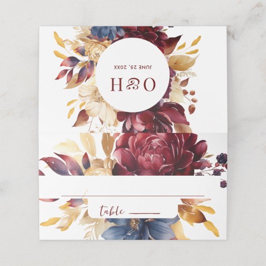 ネイビーブルゴーニュ秋の水彩フローラ プレイスカード (外部開封)