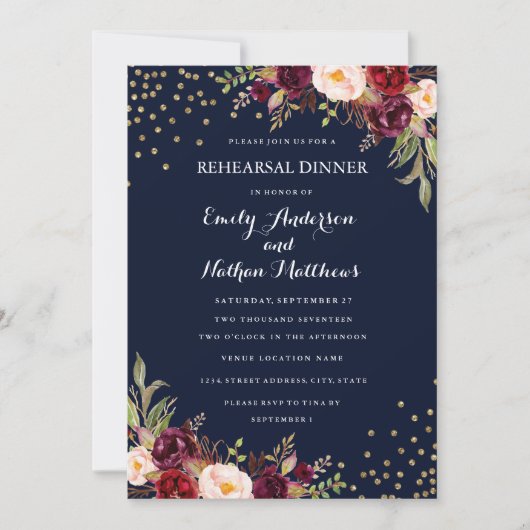 ネイビーブルゴーニュ紙吹雪フローラリハーサルディナー 招待状 (正面)