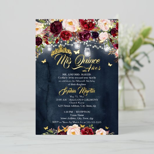 ネイビーブルゴーニュ素朴フローラ蝶キンセアニェラ 箔招待状 (立ち正面)