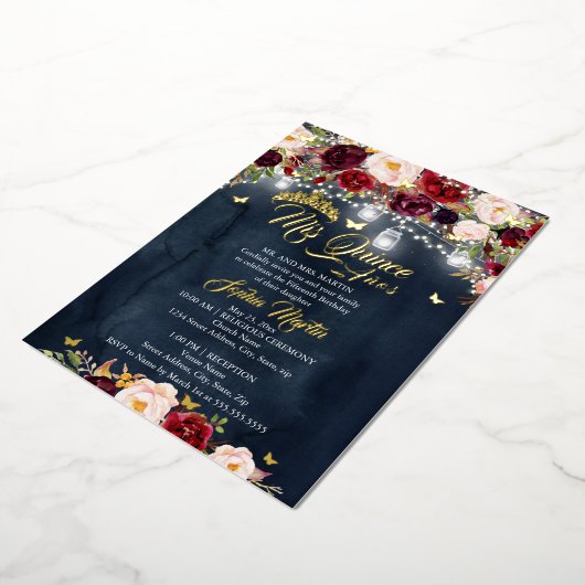 ネイビーブルゴーニュ素朴フローラ蝶キンセアニェラ 箔招待状 (回転した状態)