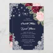 ネイビーブルゴーニュ素朴赤面レース結婚フローラ 招待状 (正面/裏面)