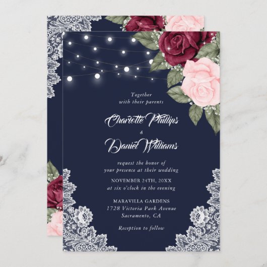 ネイビーブルゴーニュ素朴赤面レース結婚フローラ 招待状 (正面/裏面)