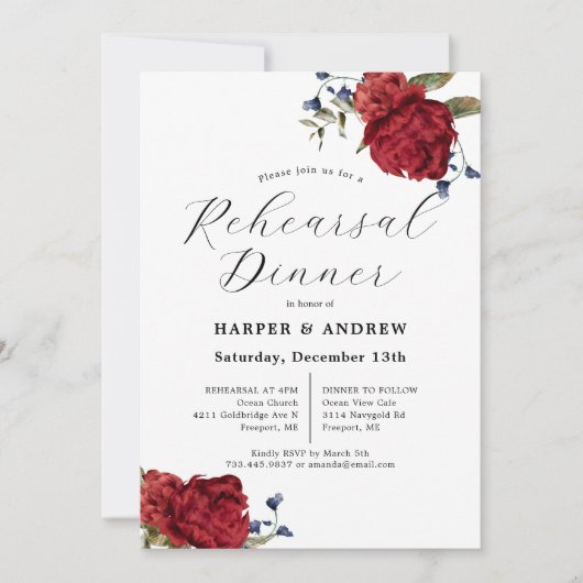 ネイビーブルゴーニュ結婚フローラのリハーサルディナー 招待状 (正面)