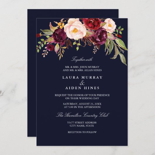 ネイビーブルゴーニュ赤面ウォーターカラー結婚フローラ 招待状 (正面/裏面)