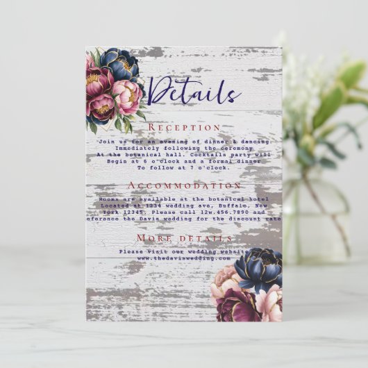 ネイビーブルゴーニュ赤面ピンクピオ結婚ニー詳細 招待状 (スタンド正面)