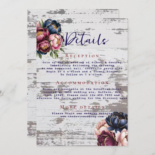 ネイビーブルゴーニュ赤面ピンクピオ結婚ニー詳細 招待状 (正面/裏面)