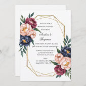 ネイビーブルゴーニュ赤面ピンクピーニーウェディングシャワー 招待状 (正面/裏面)