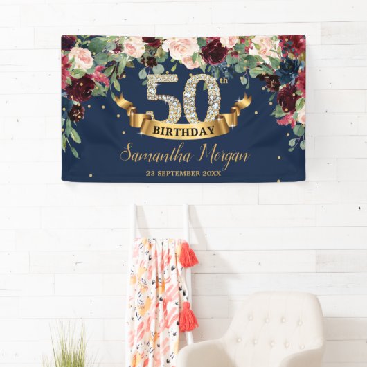 ネイビーブルゴーニュ赤面ピンクフォーラルボホ50歳の誕生日 横断幕 (インサイチュ)