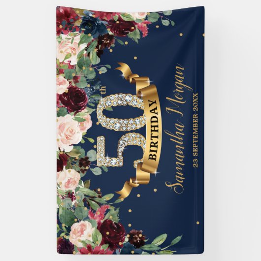 ネイビーブルゴーニュ赤面ピンクフォーラルボホ50歳の誕生日 横断幕 (縦)