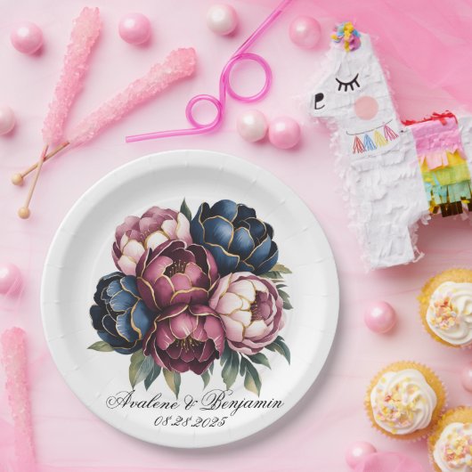 ネイビーブルゴーニュ赤面ピンクペオニ結婚ズ ペーパープレート (パーティー)