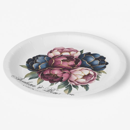 ネイビーブルゴーニュ赤面ピンクペオニ結婚ズ ペーパープレート (アングル)