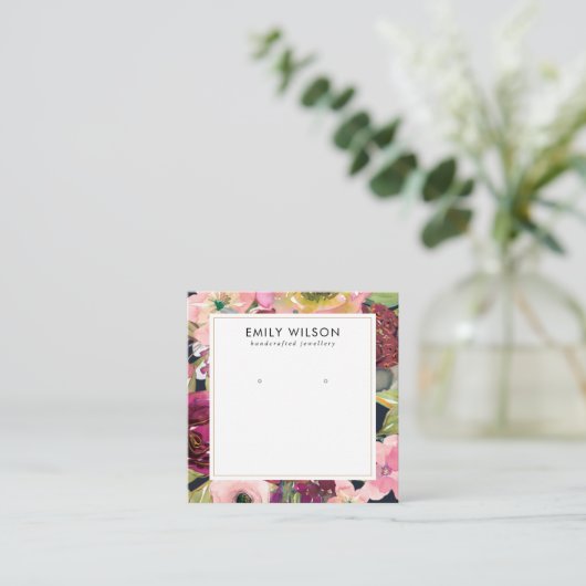 ネイビーブルゴーニュ赤面フローラスタッドイヤリングディスプレイ スクエア名刺 (スタンド正面)