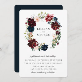 ネイビーブルゴーニュ赤面フローラ結婚リース 招待状