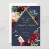 ネイビーブルゴーニュ赤面ボホフローラリハーサルディナー 招待状 (正面/裏面)