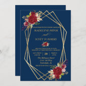 ネイビーブルゴーニュ赤面金ゴールドフレーム結婚金ゴールドモダン 招待状 (正面/裏面)