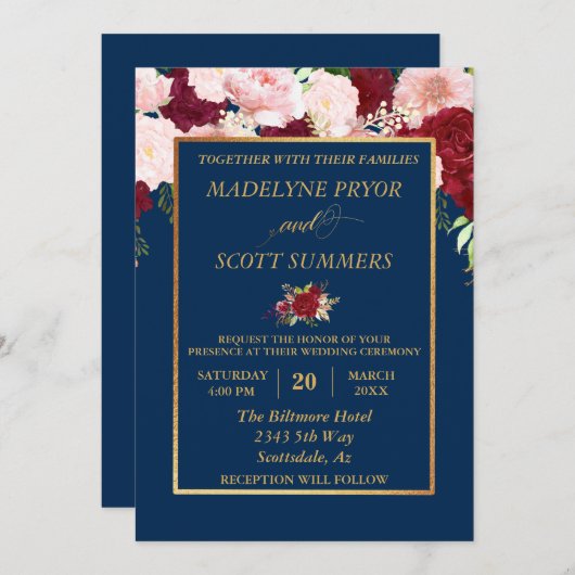 ネイビーブルゴーニュ赤面金ゴールドフレーム結婚金ゴールド 招待状 (正面/裏面)