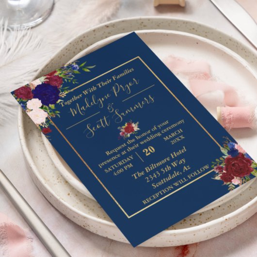 ネイビーブルゴーニュ金ゴールドフレーム結婚金ゴールド 招待状