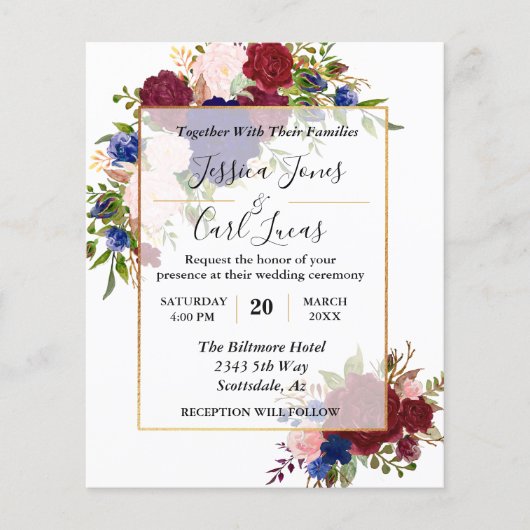 ネイビーブルゴーニュ金ゴールドフレーム金ゴールド結婚式招待状 チラシ (正面)