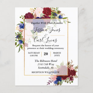 ネイビーブルゴーニュ金ゴールドフレーム金ゴールド結婚式招待状 チラシ