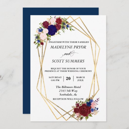 ネイビーブルゴーニュ金ゴールドフレ結婚ーム金ゴールドモダン 招待状 (正面/裏面)