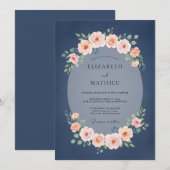 ネイビーブルッシュの花のロマンチックな結婚式 招待状 (正面/裏面)