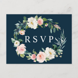 ネイビーブルッシュの花輪 ウェディング RSVP ポストカード