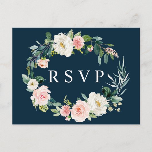 ネイビーブルッシュの花輪 ウェディング RSVP ポストカード (正面)