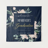 ネイビーブルッシュゴールドフラワル卒業パーティーウェルカム タペストリー (正面)