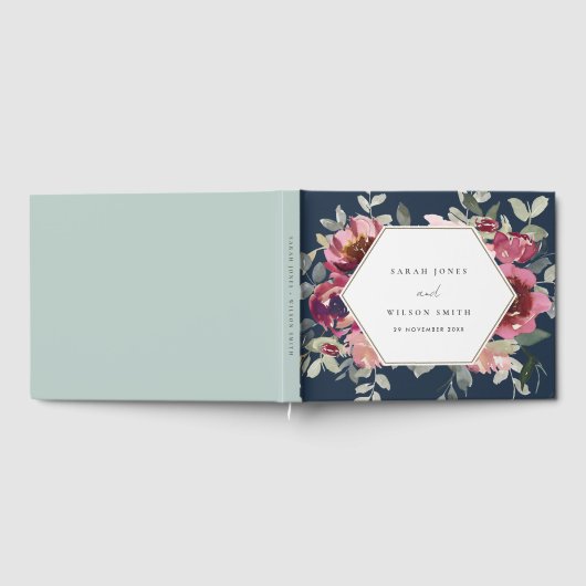 ネイビーブルッシュバーガンディウォーターカラーフラワーズウェディング ゲストブック (全面)