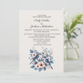 ネイビーブルッシュピンクの花と鳥のウェディング 招待状 (スタンド正面)