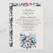 ネイビーブルッシュピンクの花と鳥のウェディング 招待状 (正面/裏面)