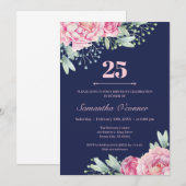 ネイビーブルッシュピンクの花の芍薬 25歳の誕生日 招待状 (正面/裏面)
