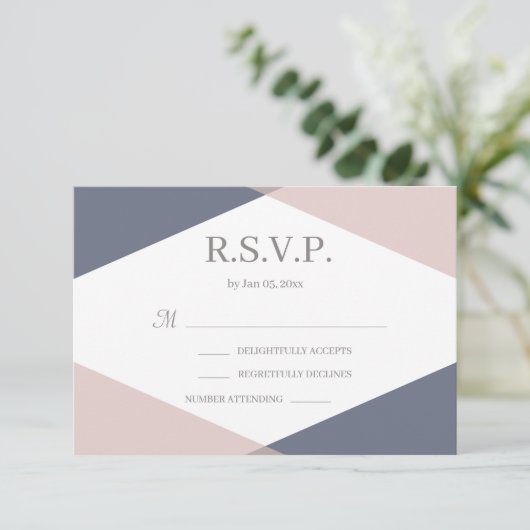 ネイビーブルッシュピンク幾何学モダンウェディング RSVP 招待状 (スタンド正面)